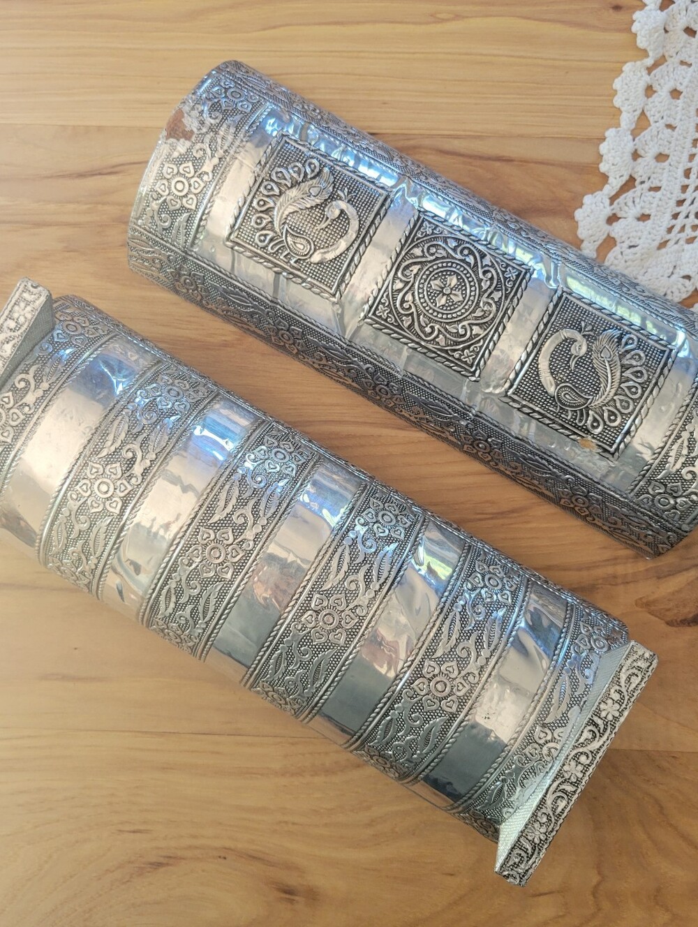 Vintage Indian Embossed Silver Metal Trunk Jewelry Box Purple Velvet Lined